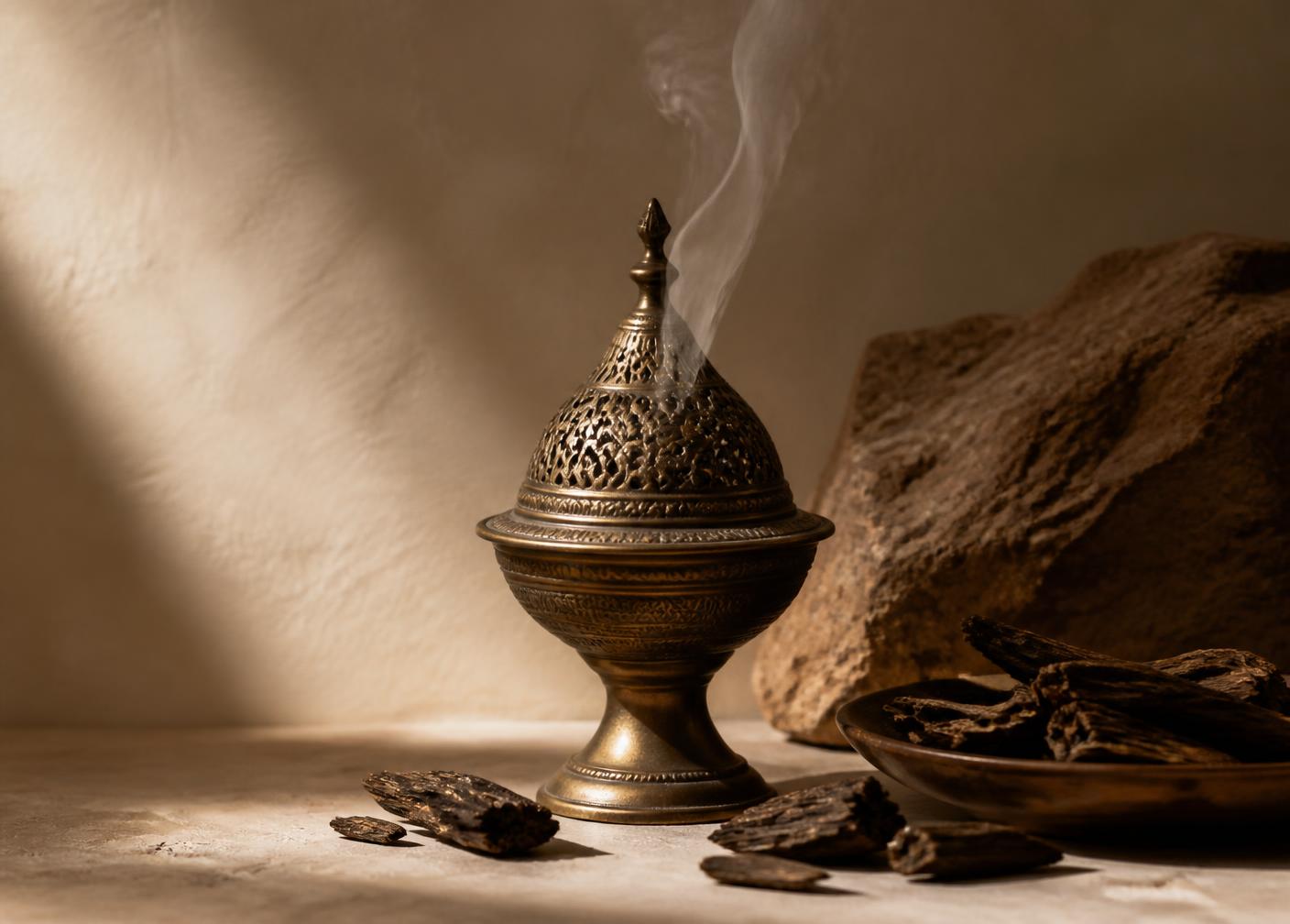 Brass mabkhara burner with a wisp of oud smoke beside oud wood chips