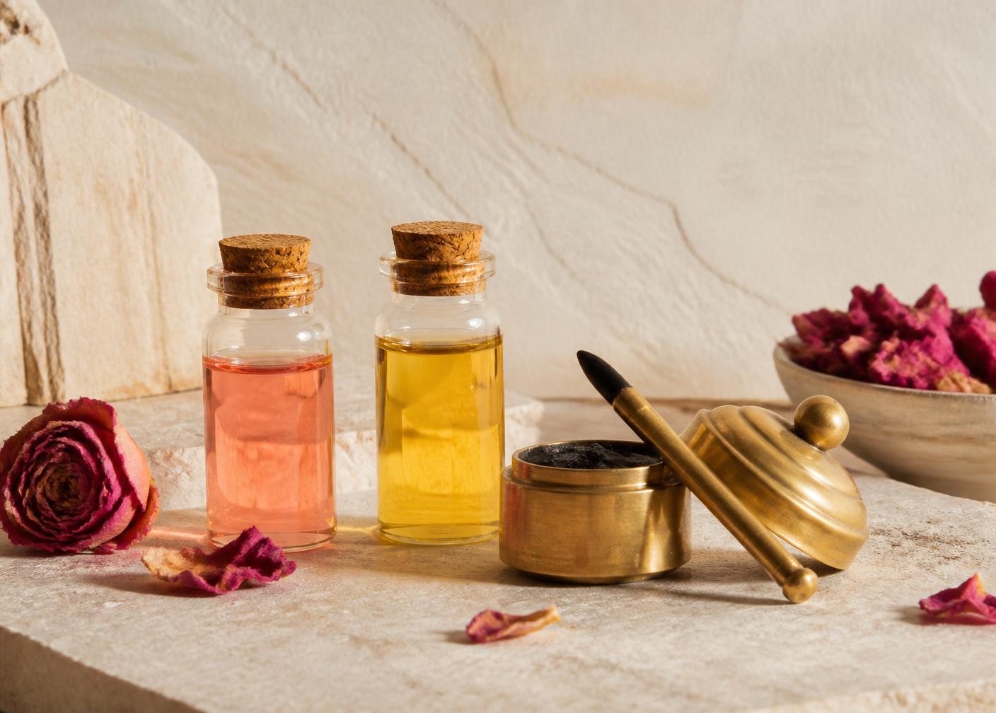 Rose and argan oil vials with a brass kohl pot on warm stone