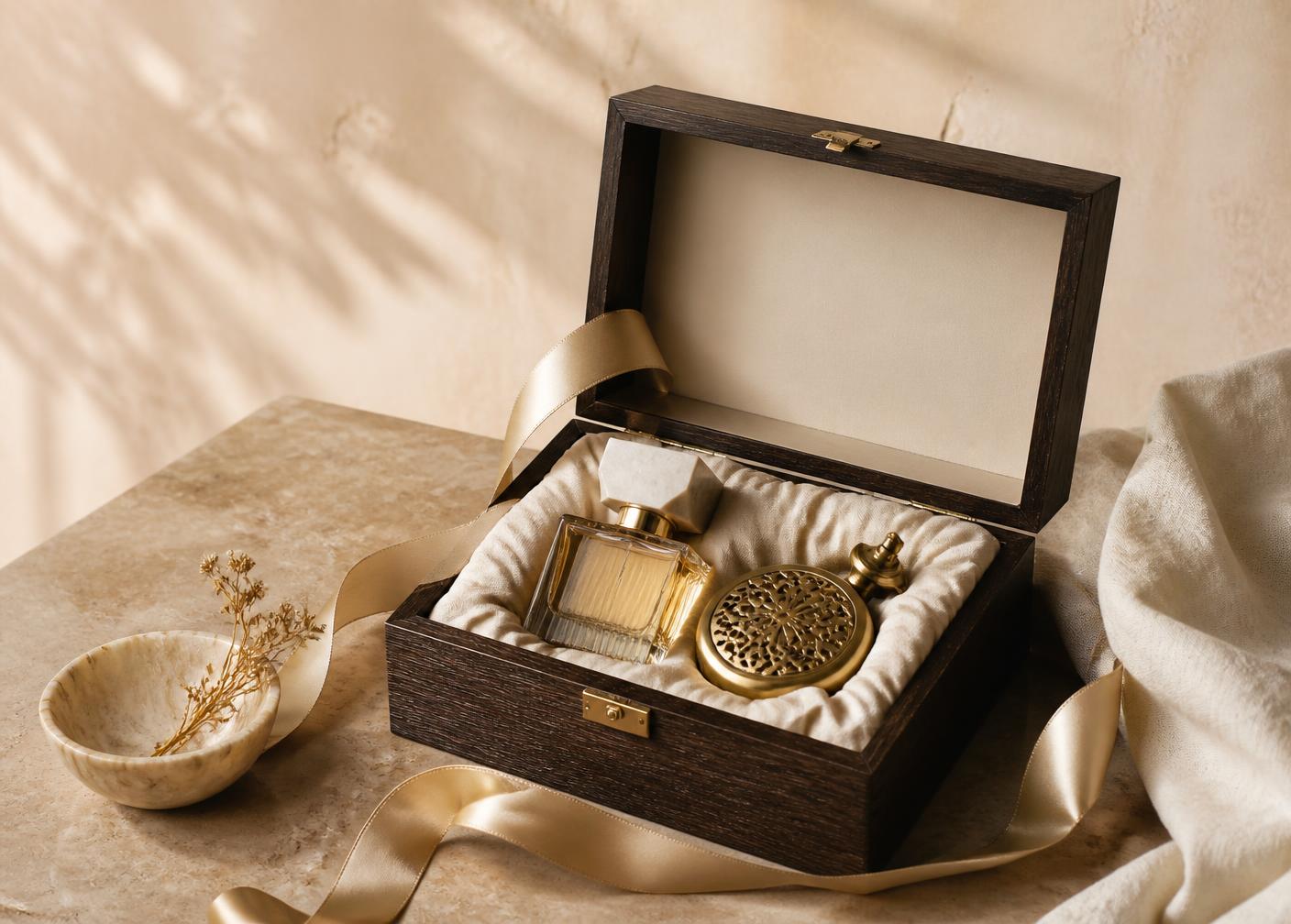 Open wooden gift box with a perfume bottle and silk ribbon on stone