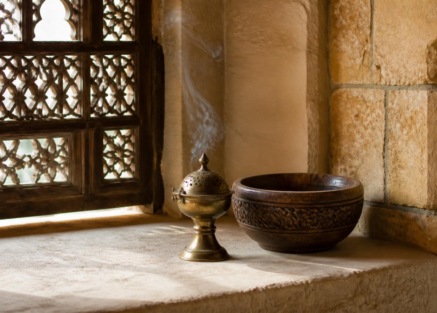 Carved Yemeni window, brass incense burner and wooden bowl on a stone ledge