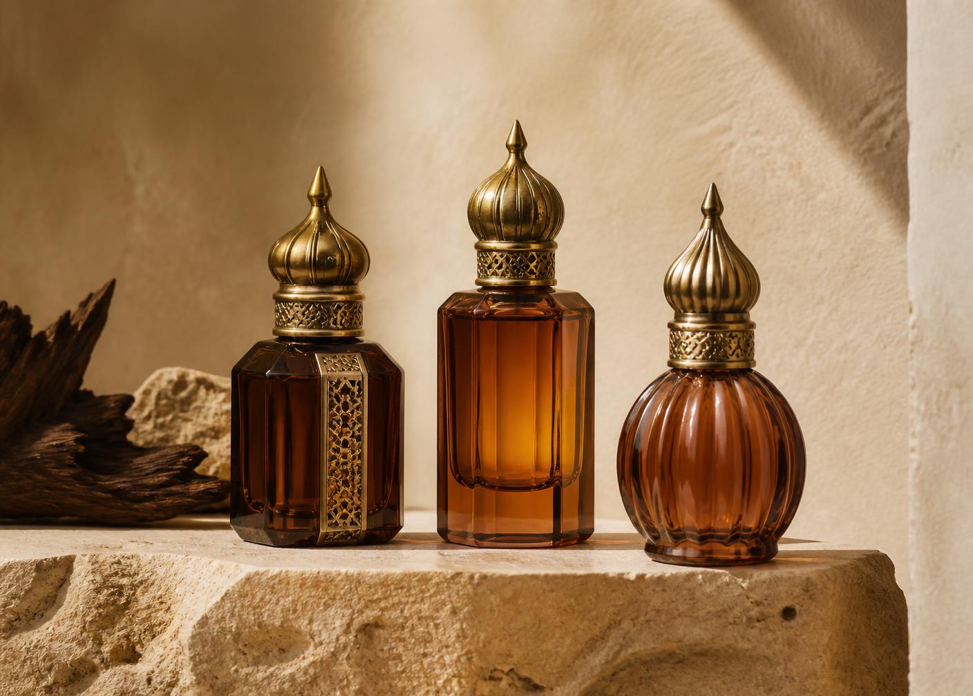 Amber attar bottles with brass caps on a travertine ledge