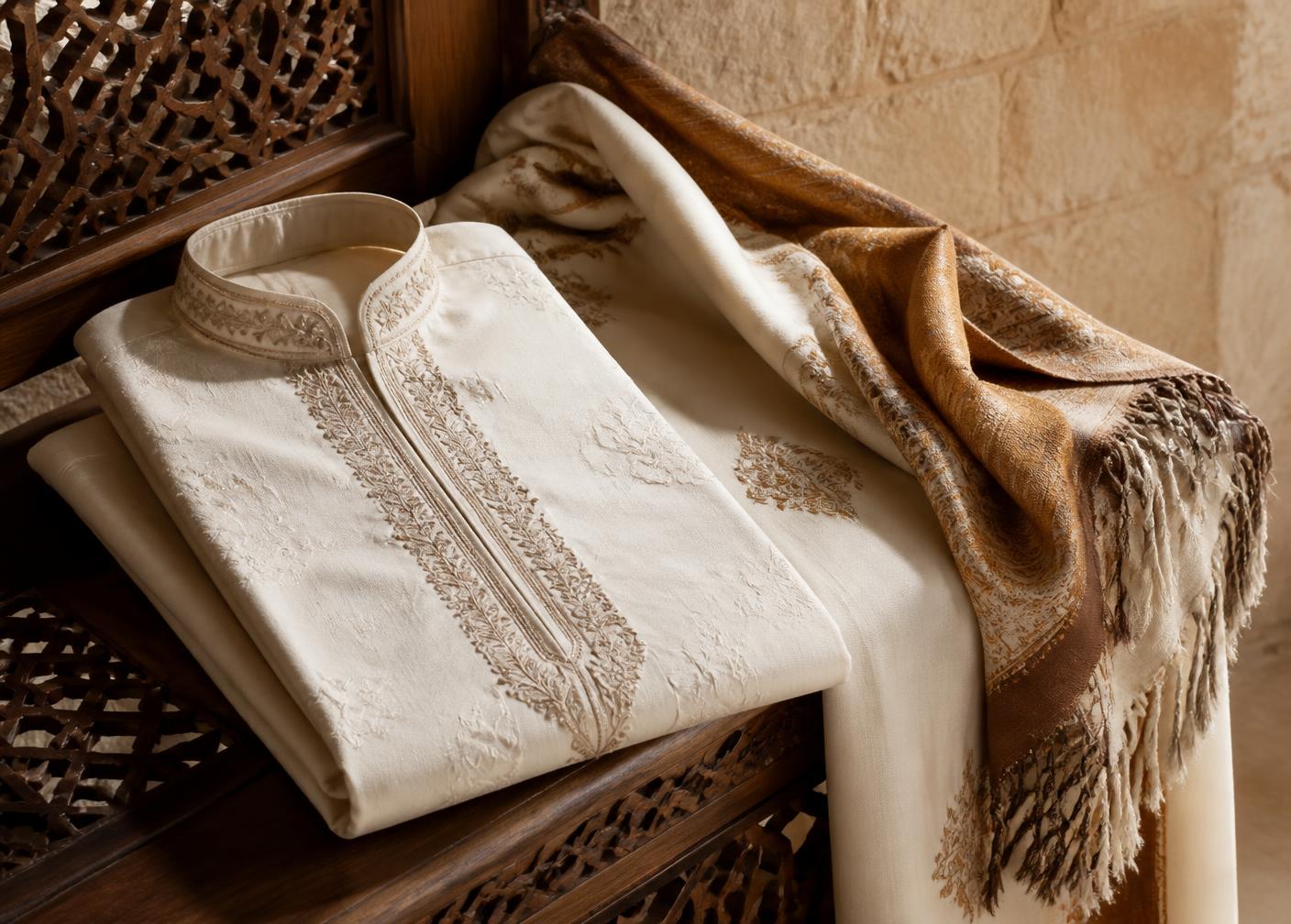 Folded embroidered ivory thobe and woven shawl on a carved wooden bench