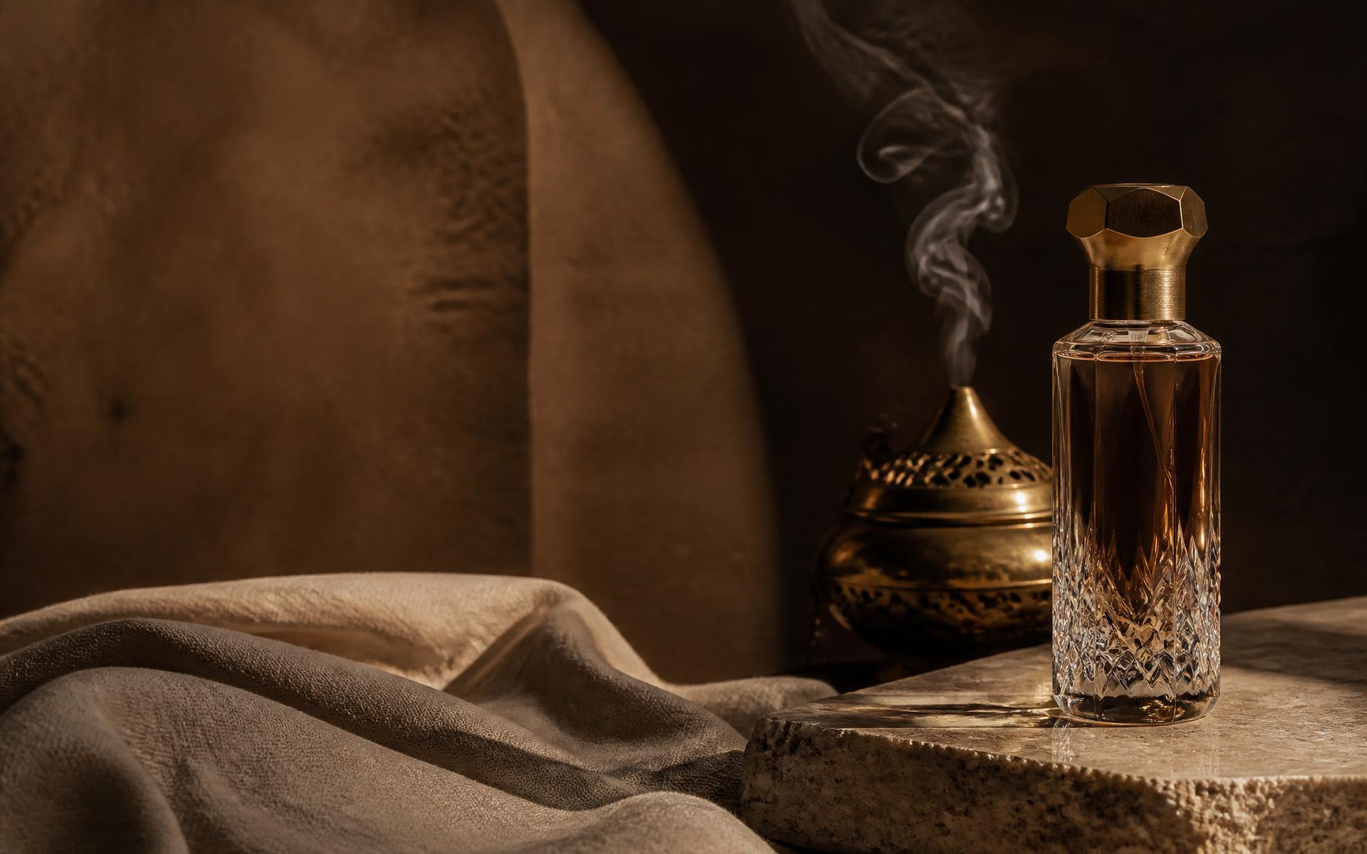 Arabian perfume bottle, brass burner and drifting bakhoor smoke on travertine stone