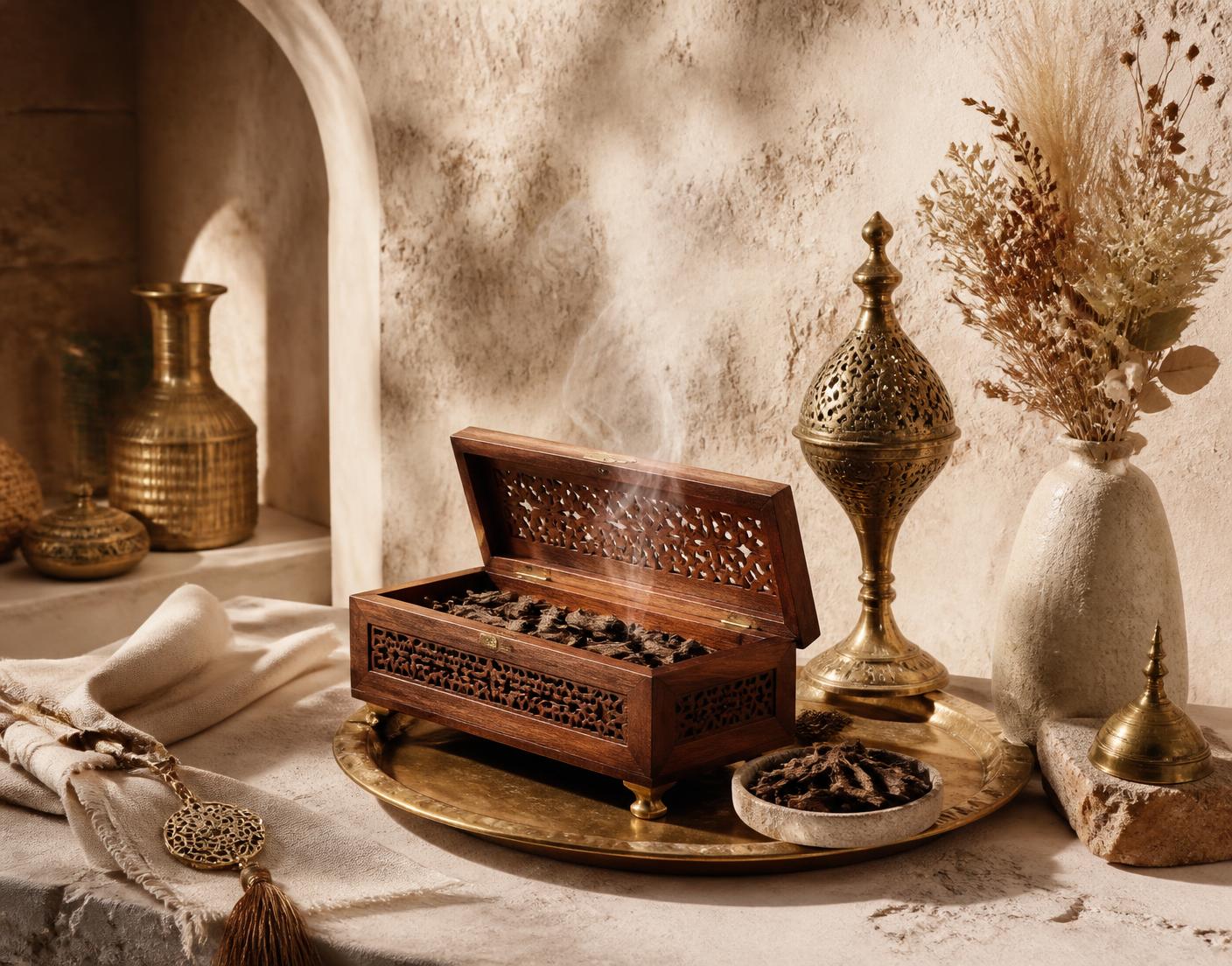 Carved incense box, brass burner and dried florals on a stone table